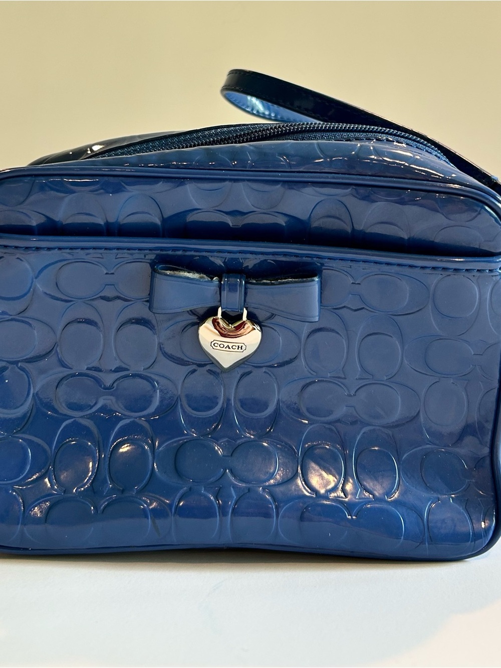 Coach Embossed Blue Patent Mini Bag with Bow & Heart Charm